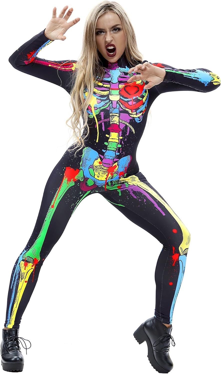JJEUWE Women's Skeleton Halloween Bodysuit Costume Stretch Skinny Catsuit Jumpsuit