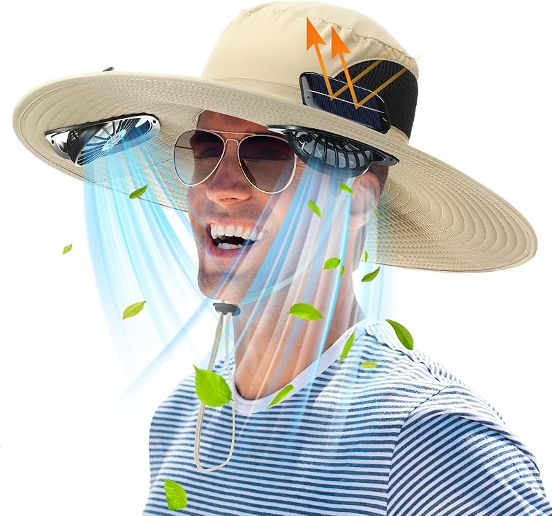 Berlune Men Sun Hat with 2 Solar Fan Fishing Wide Brim Sun Hat for Outdoor Summer Camping Beach, USB & Solar Powered