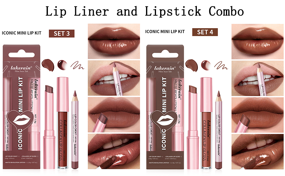 3PCS Lip Liner and Lipstick Combo Set - Matte Lip Liner Pencil, Velvet Matte Lipstick & Hydrating Collagen Lip Gloss - Long-Lasting, Smudge-Proof, High Pigment Nude Brown Lip Makeup Kit (Set 2, 3)
