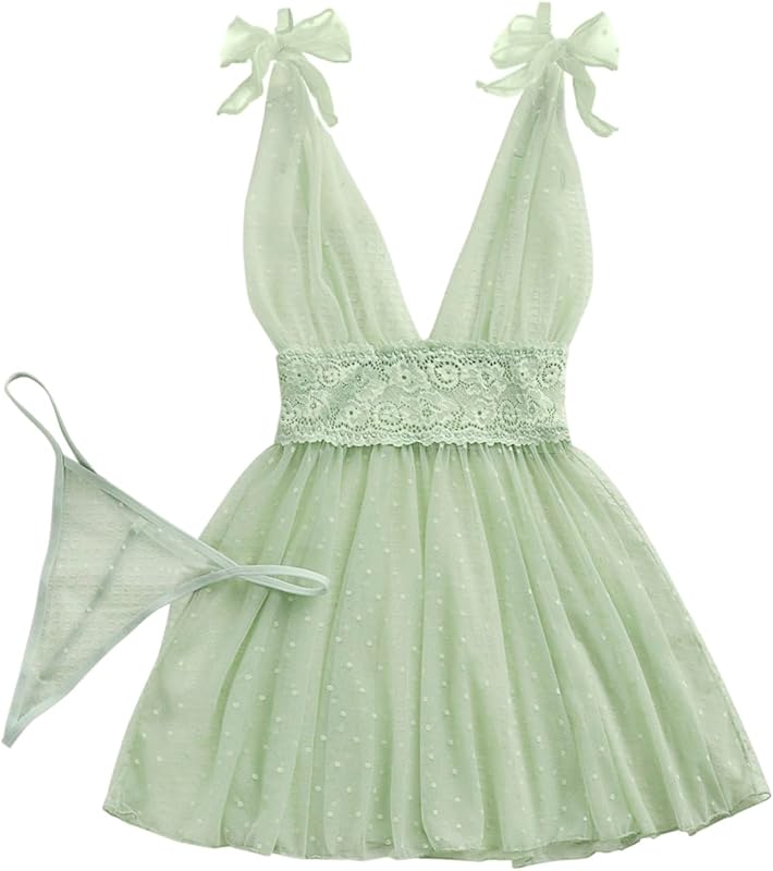 Lilosy Sexy Polka Dots Mesh Sheer Lace Babydoll Chemise Lingerie Set Floral Lace Sleep Wear