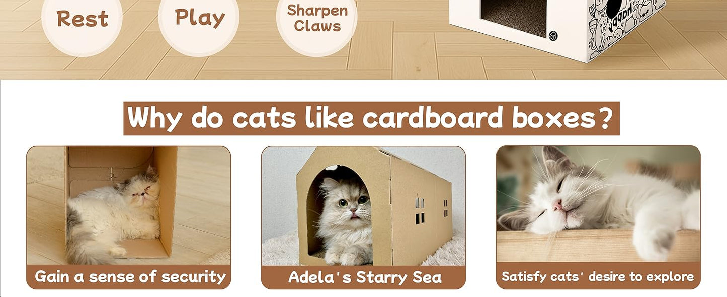 Dual-Level Cat Scratcher & Cozy Cat Cave House - Space-Saving Durable Corrugated Fiberboard for Indoor Cats, Furniture Protector with Adventure-Ready Design Cardboard Cat House