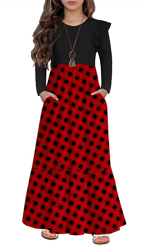 HOSIKA Girls Fall Ruffle Long Sleeve Crew Neck Loose Casual Flowy Tiered Maxi Dress with Pockets for 6-12 Y