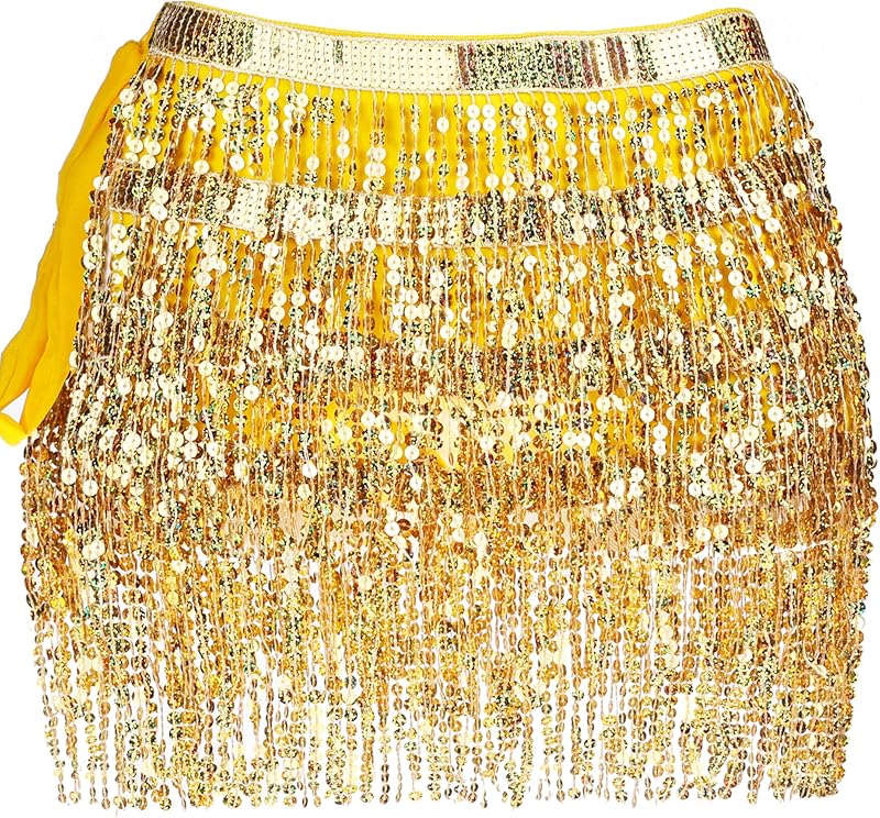 Women Belly Dance Skirt Tassel Fringe Skirts Sparkly Sequin Hip Scarf Party Costume