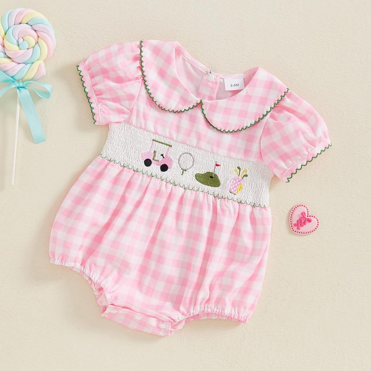 Newborn Baby Girl Golf Outfit Summer Doll Collar Bubble Short Sleeve Golfing Theme Embroidery Smocked Plaid Romper Bodysuit