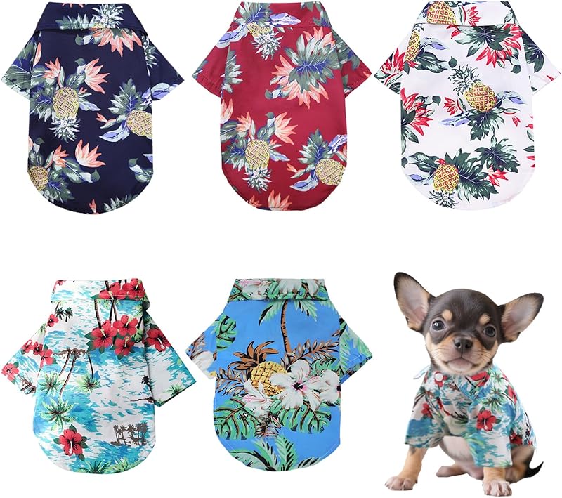 5 Pieces Hawaiian Dog Shirt Pet Summer T-Shirts Breathable Cool Costume Coconut Tree Pineapple Beach Pets Clothes for Small Medium Cat Boy Girl Cute Puppy Polo Apparel Outfit Costumes Doggy- Medium