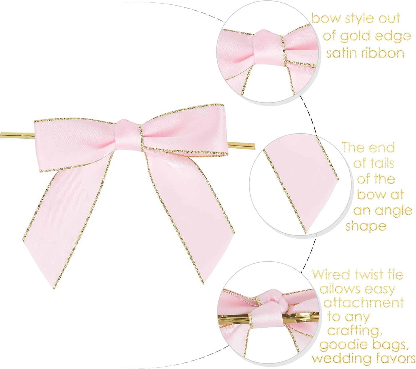 AIMUDI Pink Bows 3.5" Premade Satin Ribbon Bows with Gold Edge Pre-Tied Twist Tie Bows for Gift Wrapping Crafts Treat Bags Baby Shower Wedding Party Decorations, 50 Counts