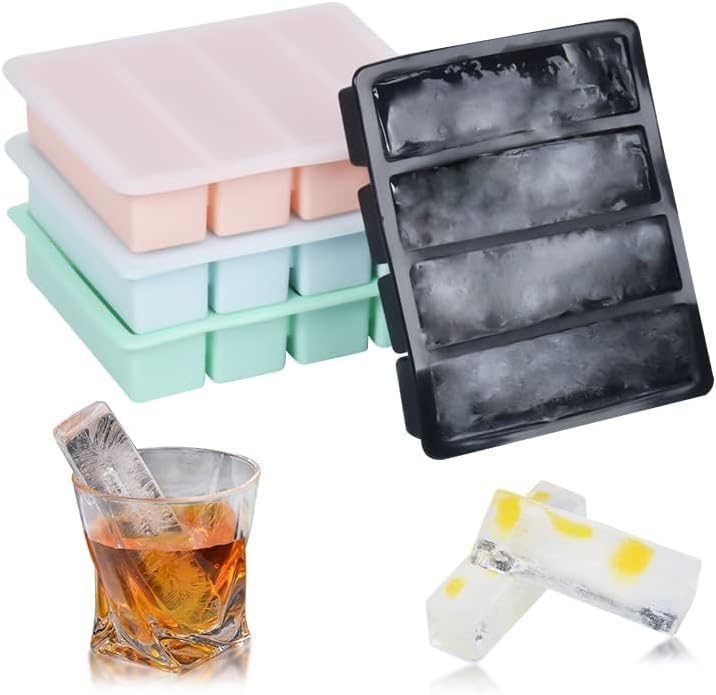LONGFITE Large and Long Ice Cube Tray 2 Pack Silicone Freezing Container Sticks with Lid for Whiskey, Water Bottle, Food Leftovers and Baking