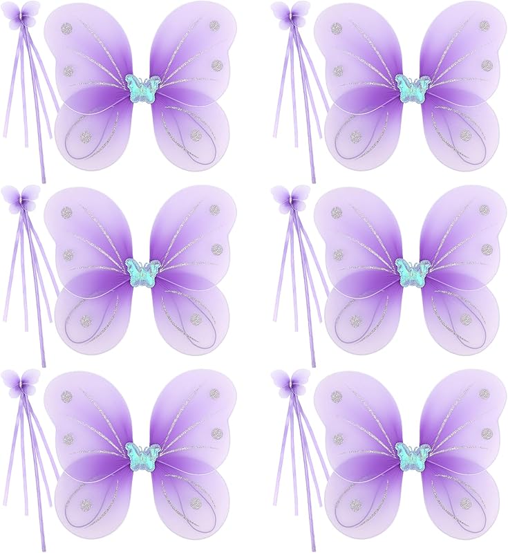kilofly 6 Sets Angel Butterfly Wings Fairy Wands Princess Dress Up Costume