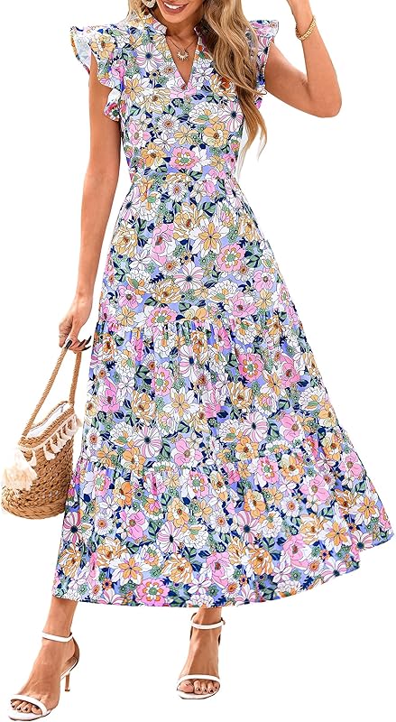 PRETTYGARDEN Women's 2025 Summer Floral Midi Dress Cap Sleeve V Neck Ruffle Long Flowy Boho Casual Beach Vacation Dresses