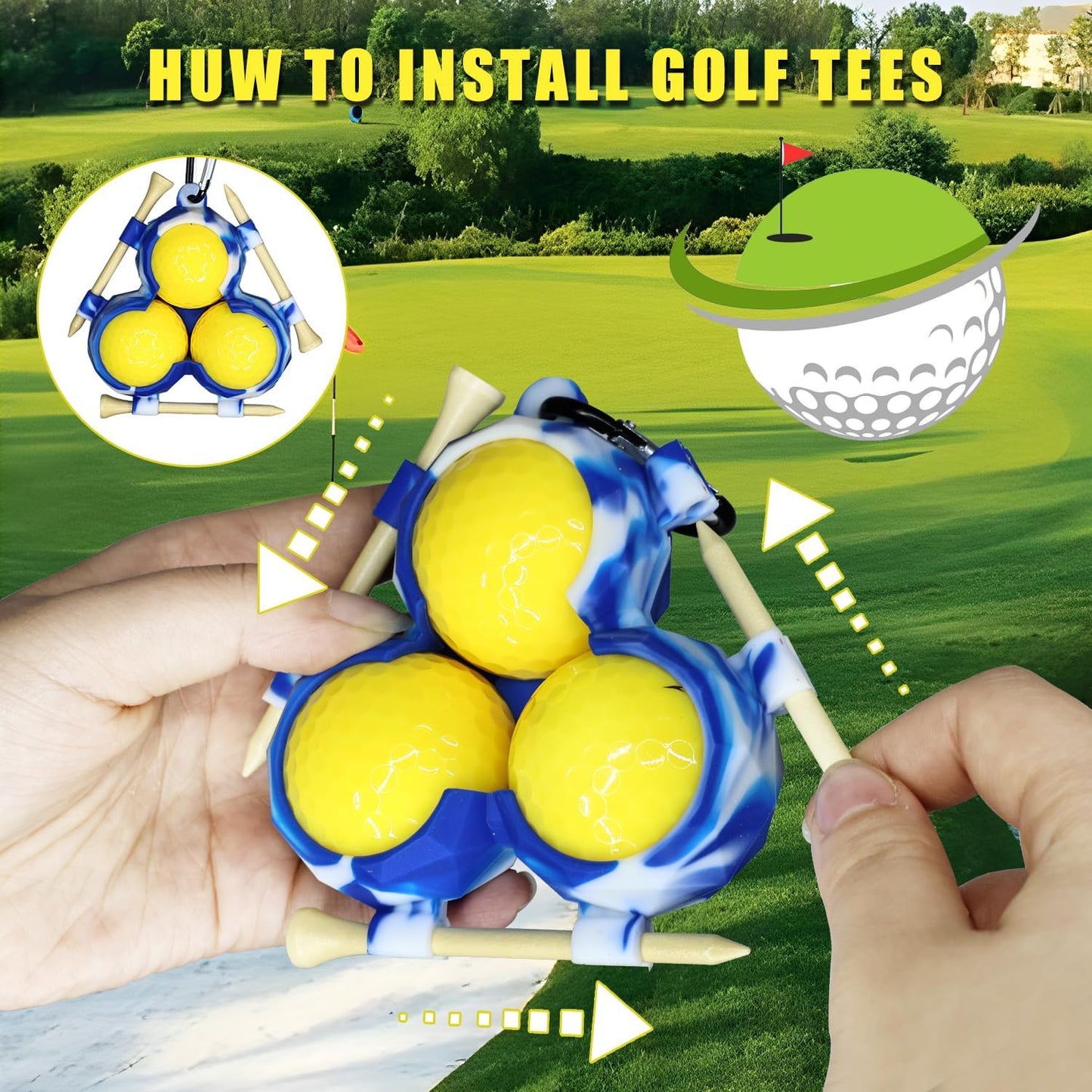 Golf Ball Tee Holder, Soft Silicone Golf Tee Rack for 3 Balls and 3 Tees, Golf Ball Holder with Clip for Bags, Essential Golf Ball Bag for Players