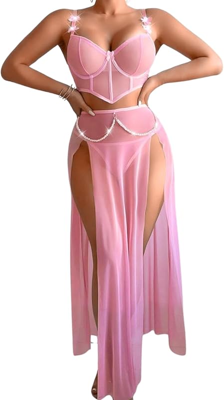 Kaei&Shi High Slit Sexy Lingerie For Women,Sheer Mesh Corset & Pearl Skirt Set,3 Piece Boudoir Outfits Exotic Dancewear