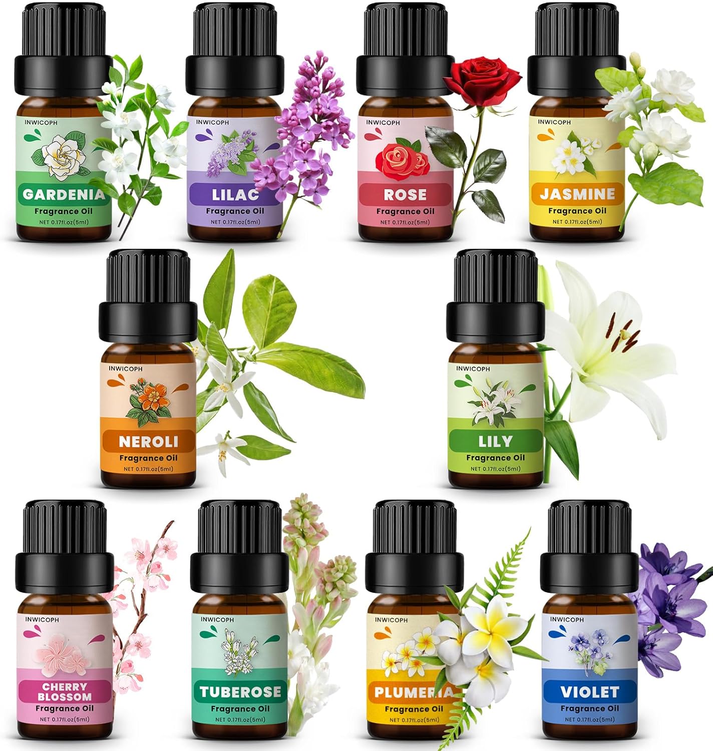 Floral Essential Oils, INWICOPH Flower Fragrance Oil for Candle Making - Rose, Jasmine, Neroli, Gardenia, Lilac, Plumeria and More, Aromatherapy Oils for Diffusers for Home