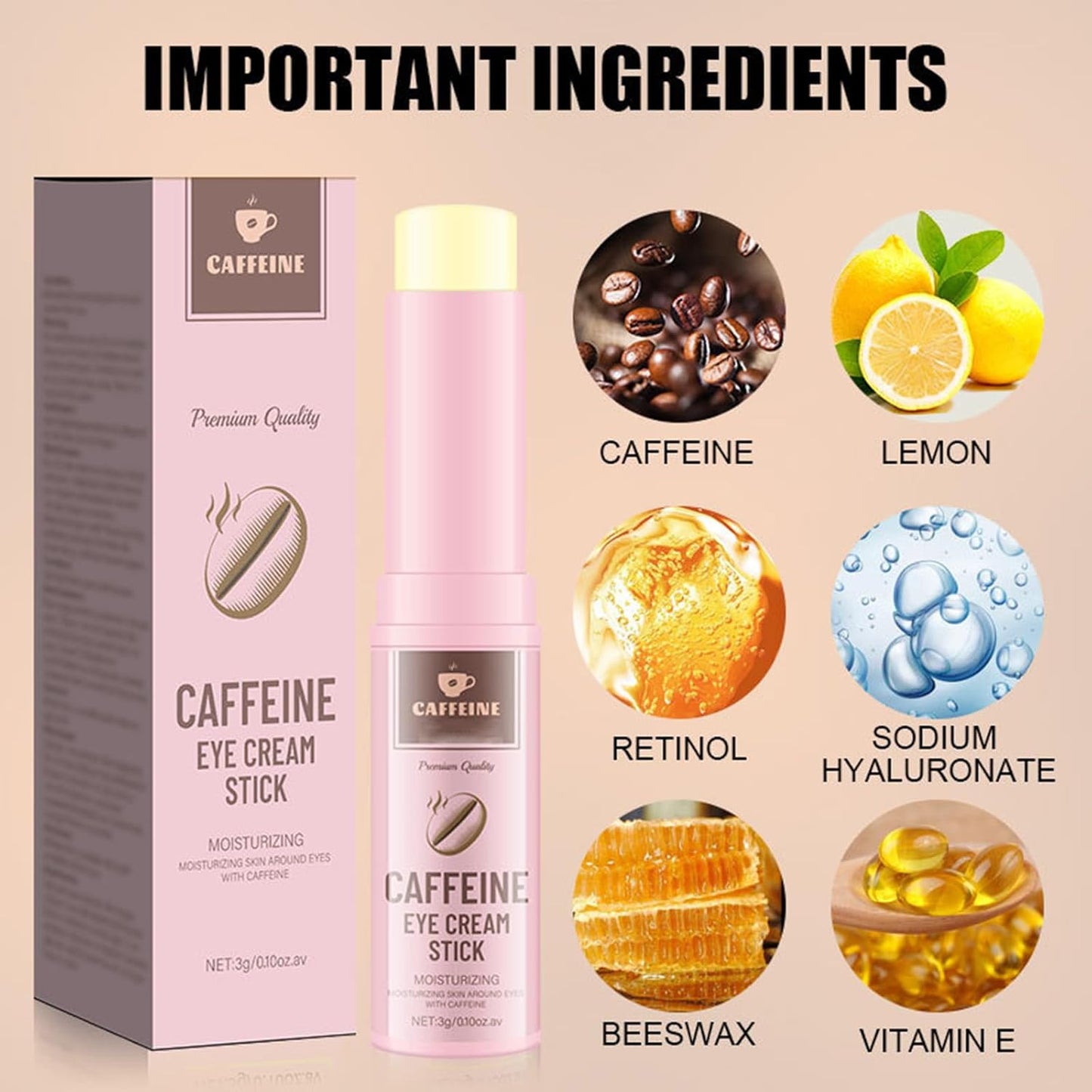 Caffeine Eye Cream Stick,Eye Cream for Anti-Aging Dark Circles Puffiness, and Wrinkles Hydrating Under Eye Cream with Hyaluronic Acid and Retinol Lifting And Firming Eye Cream,3g