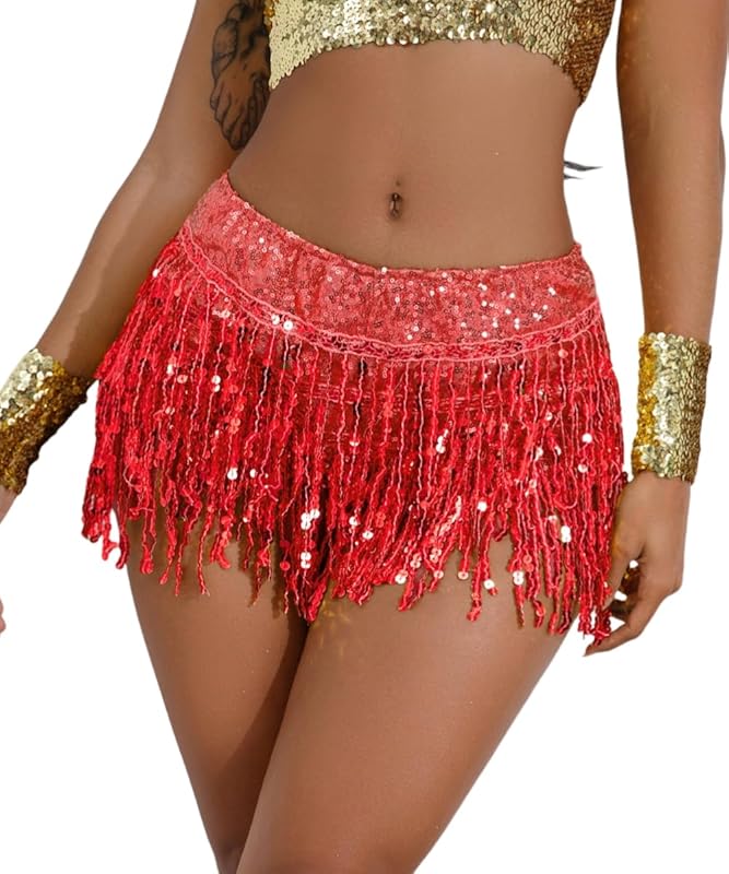 Yollmart Women's Sequins Tassel Skirts Shorts Booty Dance Festival Bottoms