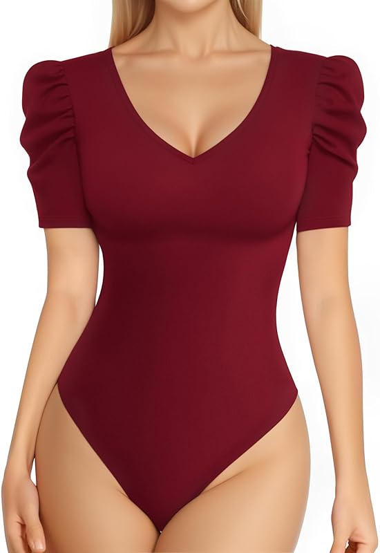 MANGOPOP Women's Bodysuit Deep V Neck Puff Short Sleeve Slim Fit Body Suits Casual Blouse Tops Elegant