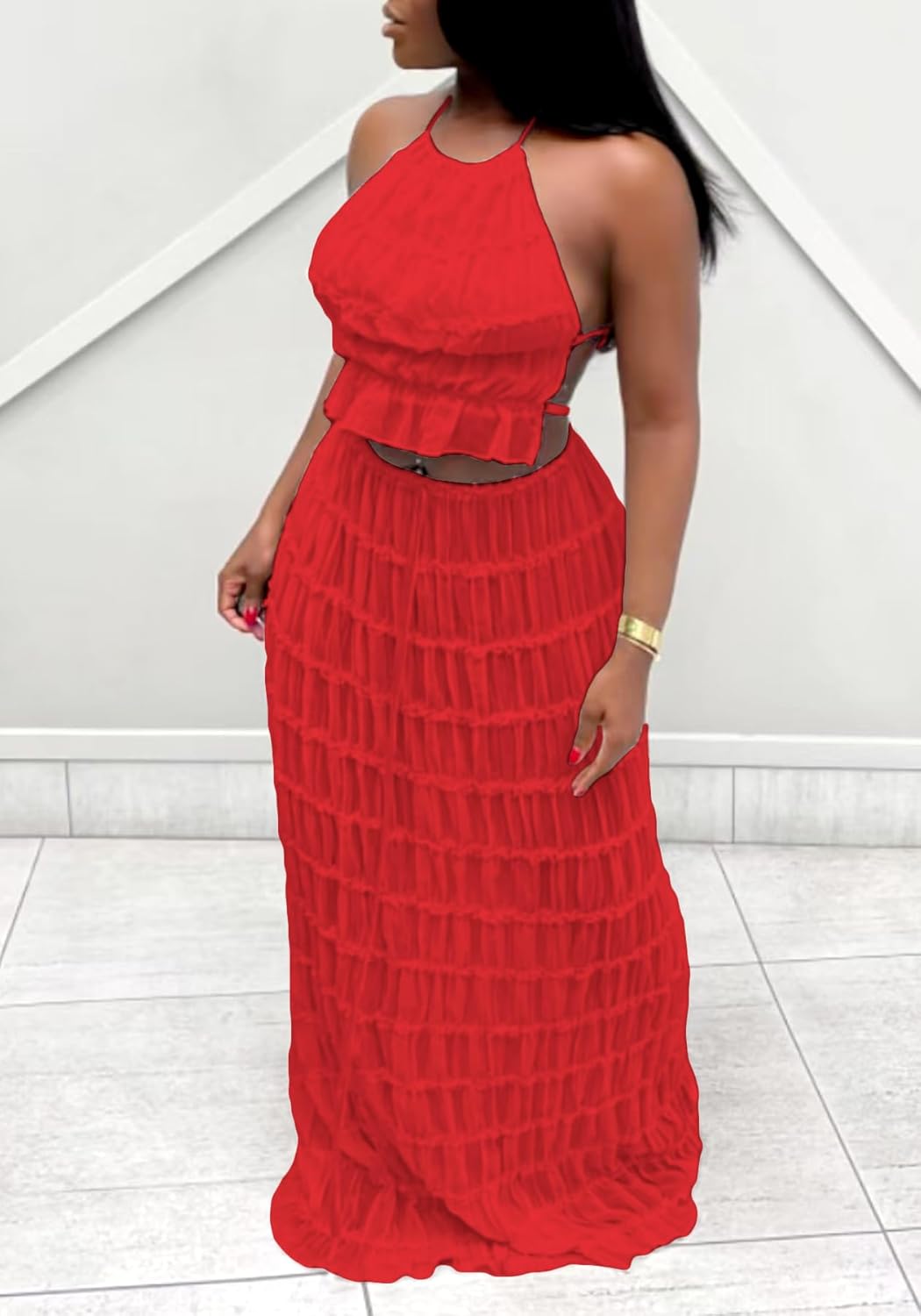 Unybwonn Maxi Skirt Set Summer Two Piece Outfits Backless Backless Halter Top Pleated Flowy Long Skirts Y2k Beach Set