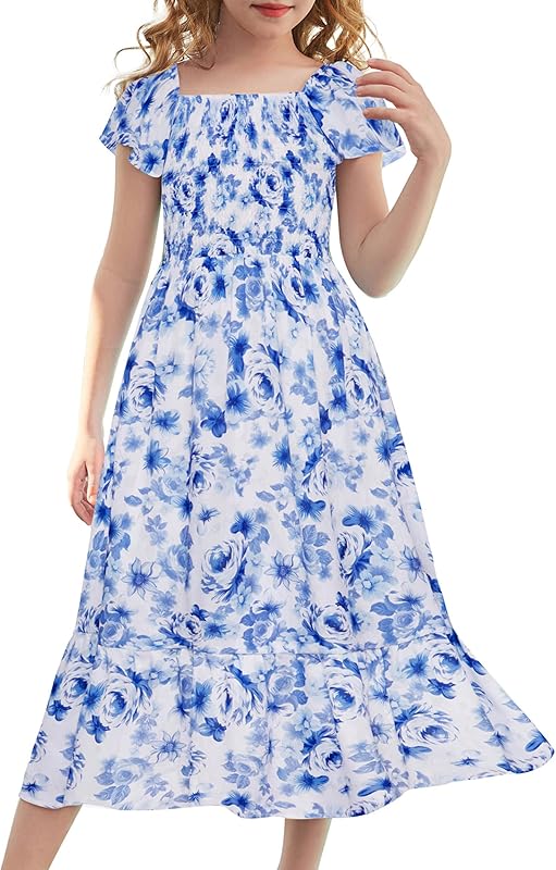 GRACE KARIN Girls Floral Dress Flutter Sleeve Square Neck Tiered Midi Dress Smocked Flared A-line Dress 5-14Y