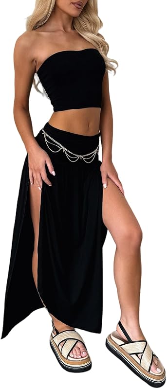 Two Piece Skirt Set for Women - 2 PC Summer Beach Vacation Outfits Going Out Strapless Tube Crop Tops Boho Maxi Skirts Sets