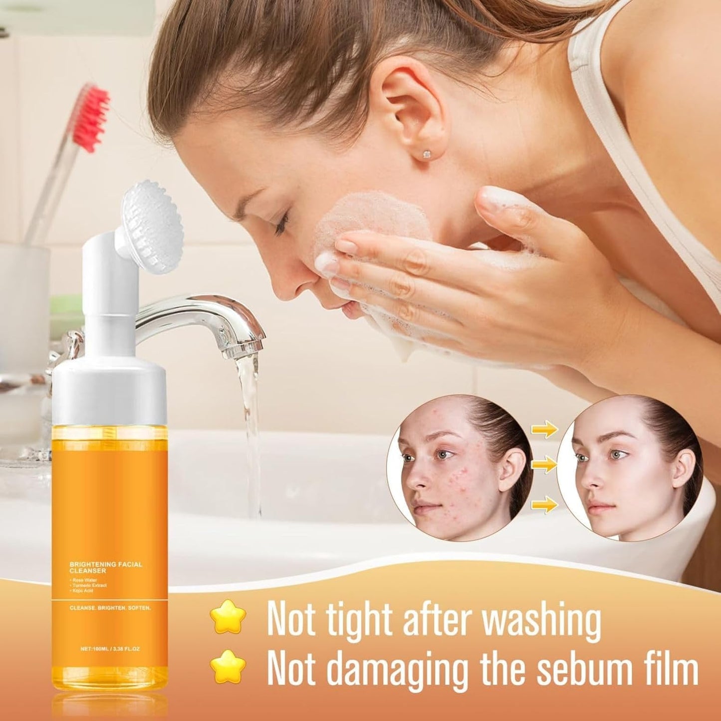 2pcs Glow Wash Face Wash With Brush,Turmeric Facial Wash, Turmeric Foaming Cleanser for All Skin