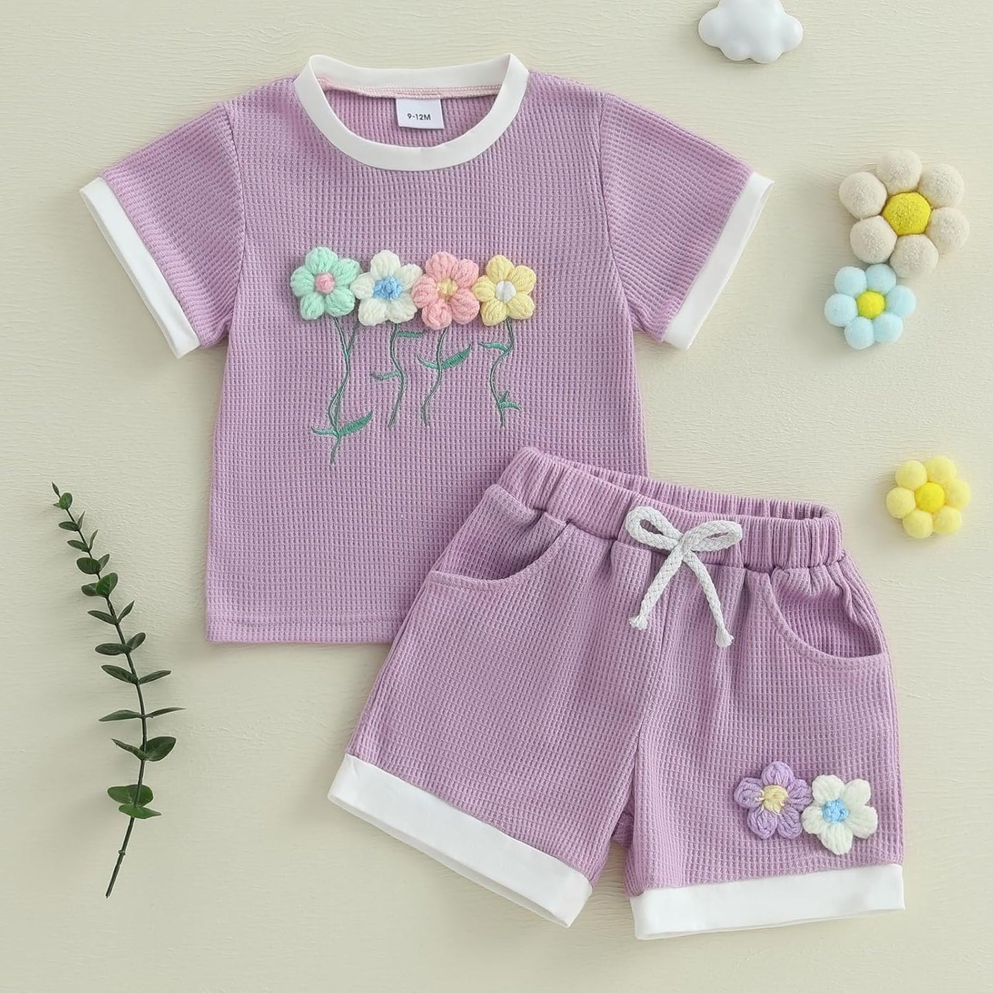 Kayotuas Toddler Baby Girl Summer Clothes 3D Flower Bow Short Sleeve T Shirt Tops Shorts 2Pcs Set Cute Infant Waffle Outfits