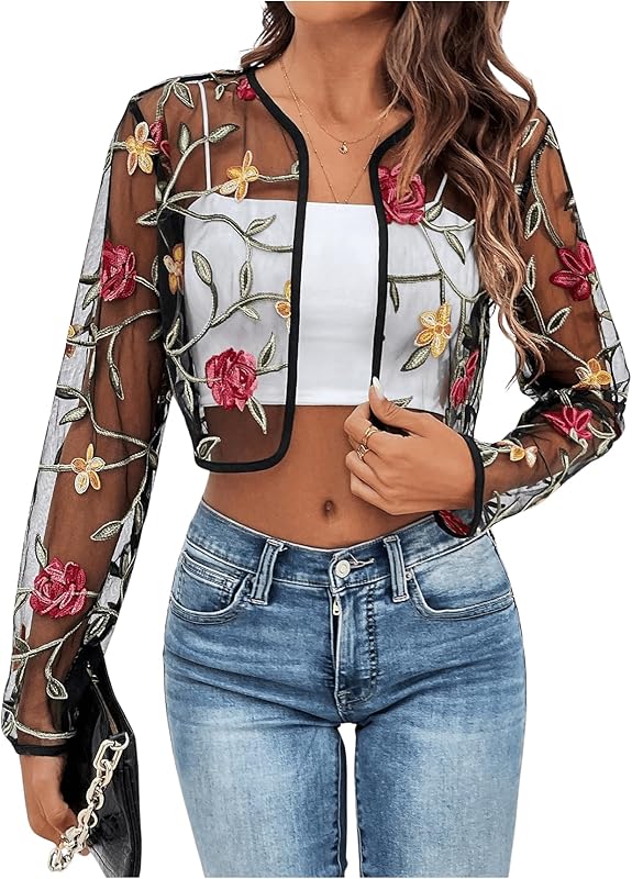 OYOANGLE Women's Floral Embroidered Open Front Crop Jackets Long Sleeve Mesh Summer Cardigan Tops