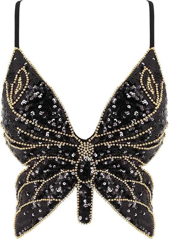 Mocure Womens Glitter Sequin Butterfly Crop Top Low-Cut Tank Top Rave Tube Vest Top for Belly Dance Costume Outfits