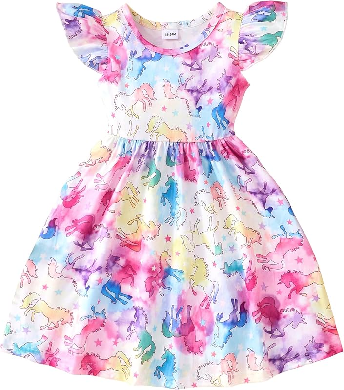 Toddler Little Girls Casual Dresses Short Sleeve Crew Neck Graphic Cartoon Dress for 2-8 Years