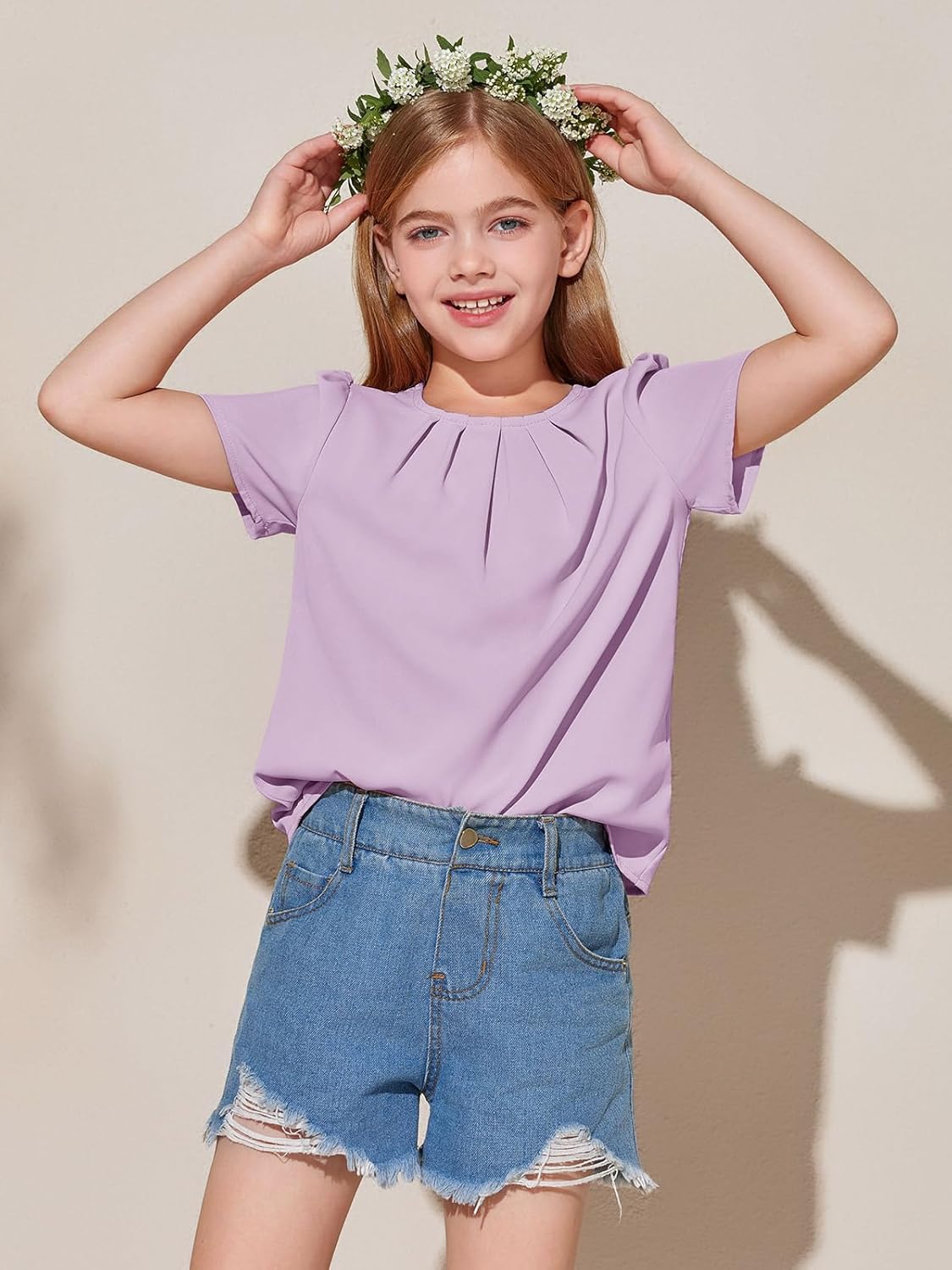 Girls Shirts Summer Short Sleeve Cute Tops Chiffon Pleated Blouses 5-14 Years