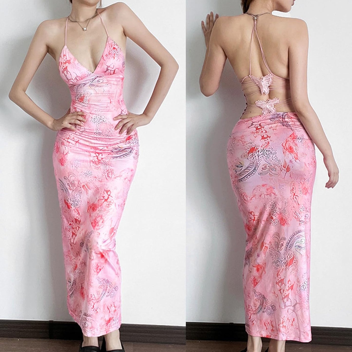 Women Backless Butterfly Dress Sexy V Neck Sleeveless Open Back Maxi Dress Party Cocktail Bodycon Long Dress