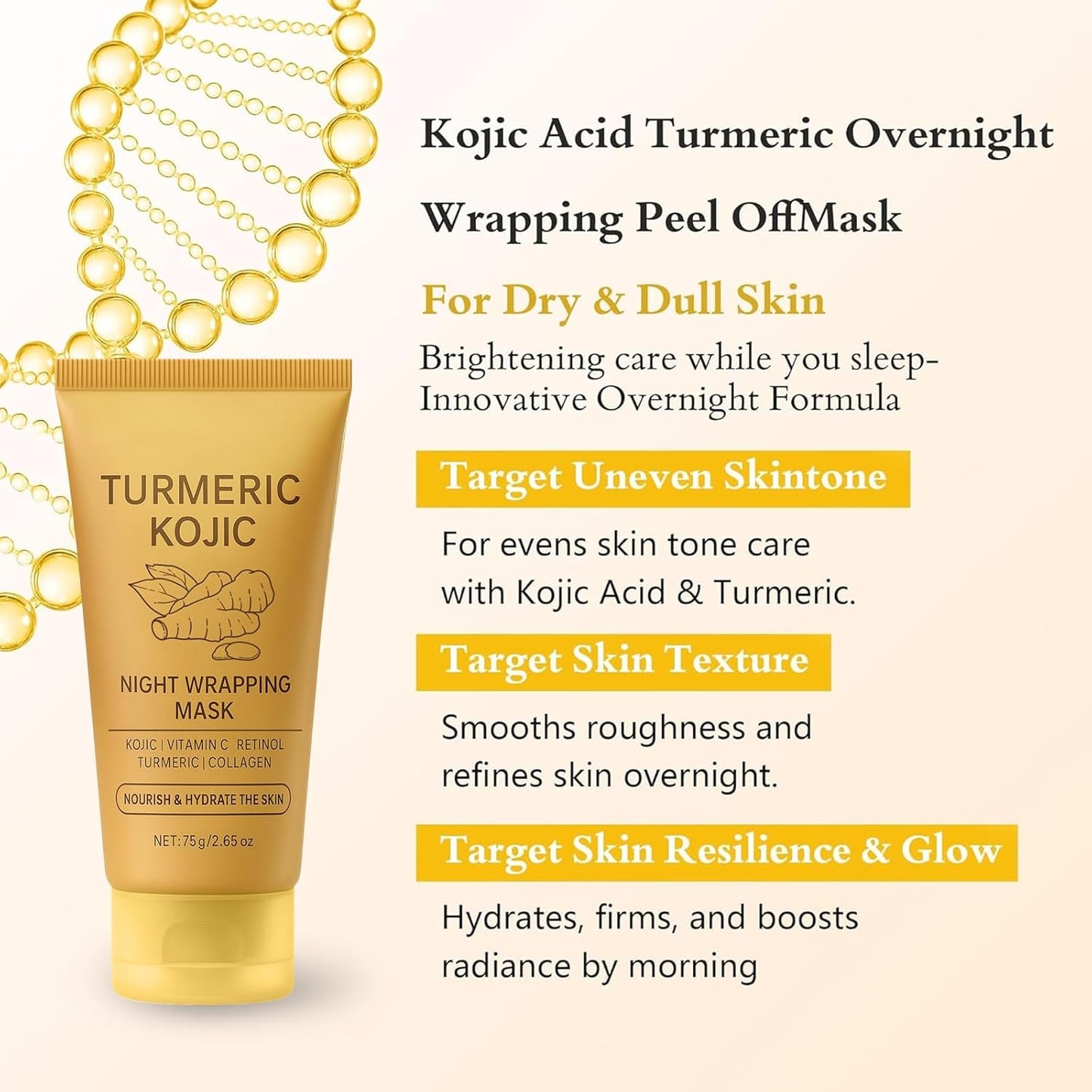 Turmeric Kojic Collagen Peel Off Mask, Turmeric Overnight Wrapping Peel Off Gel Mask for Spots Remover, Dull Skin, Controlling Oil, Skincare Facial Mask 2.65 Fl Oz (2)