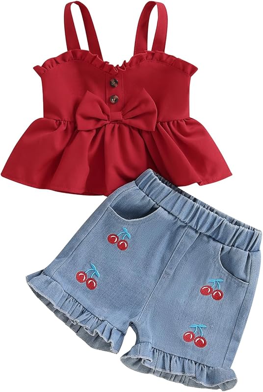 Emmababy Toddler Girls Denim Shorts Set Ribbed Crop Tank Top Sleeveless Bow Jean Shorts Skirt Western Baby Summer Clothes