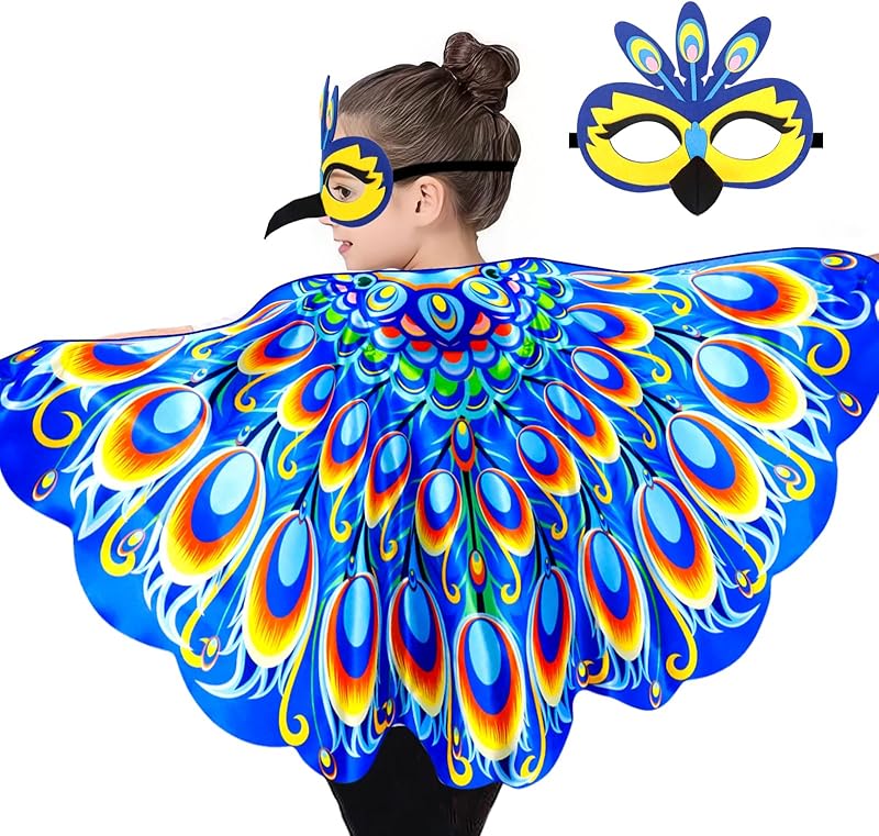 iROLEWIN Toddler Peacock-Bird-Costume for Kids Dress-Up Wings 3D Bird Mask Feathered Cape as Animal Jungle Party Toys Gifts