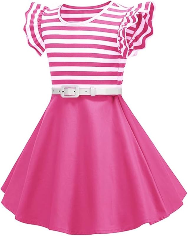 BILIKEYU Girls Striped Summer Beach Dress Flutter Sleeve Belt Waisted Color Block Ruffle A-Line Swing Casual