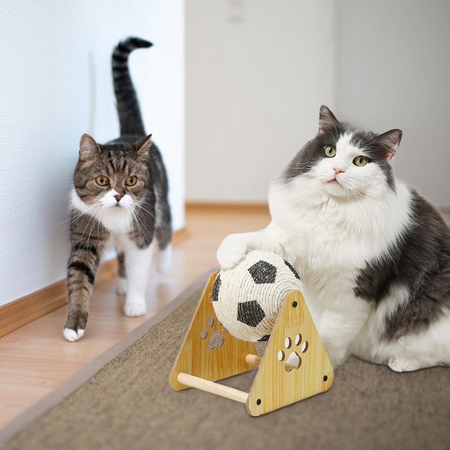 Kugelkratzer für rotierende Katze mit Holzsockel Fußballspielzeug Selbstspiel mit integrierter Nagelfeile | Interaktive Bewertung für Übungen und Anreicherung für Kätzchen und Katzen im Innenbereich |
