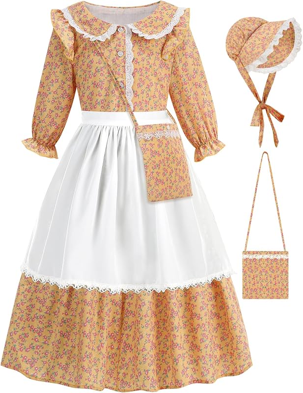 Girls Pioneer Costume Floral Colonial Prairie Dress for Little Kids with Apron and Bonnet