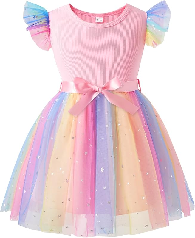 Little Girls Tulle Tutu Dress - Toddler Kids Flutter Sleeve Princess Sundress Casual Summer Outfit Clothes for 2-7Y