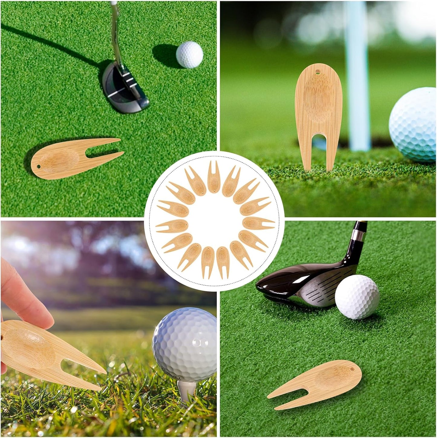 Kisangel 75 Pcs Green Bamboo Fork Golf Divot Fixer Marker Tool Golfing Divot Tool Guitar Clock Golf Divot Tool Golfs Divot Fork Wood Tools Divot Fixer Ball Marker Repair Organizer
