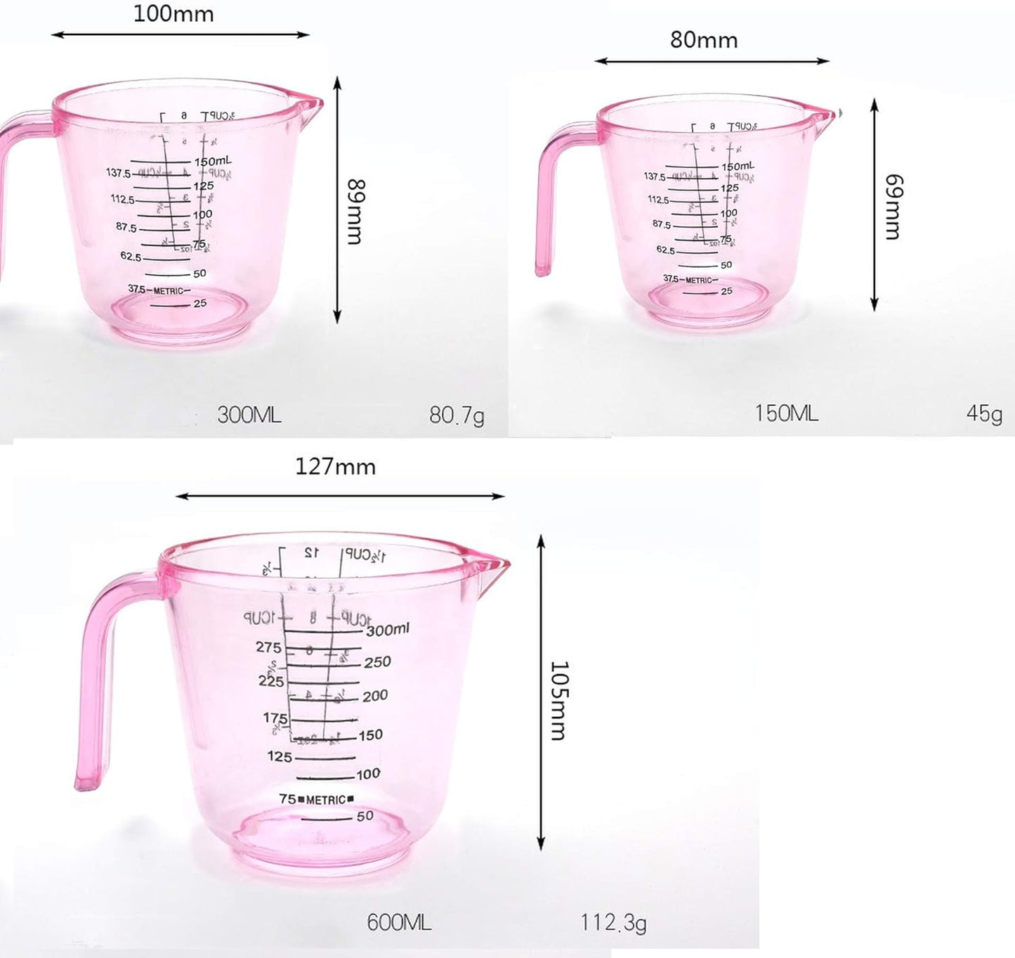 Plastic Measuring Cup Set, Kitchen Cooking and Baking Seasoning Liquid Measuring Cup, Multiple Scale Identification, with Handle and Triangle Mouth, 150ml, 300ml, 600ml, 3-piece Set (Pink)