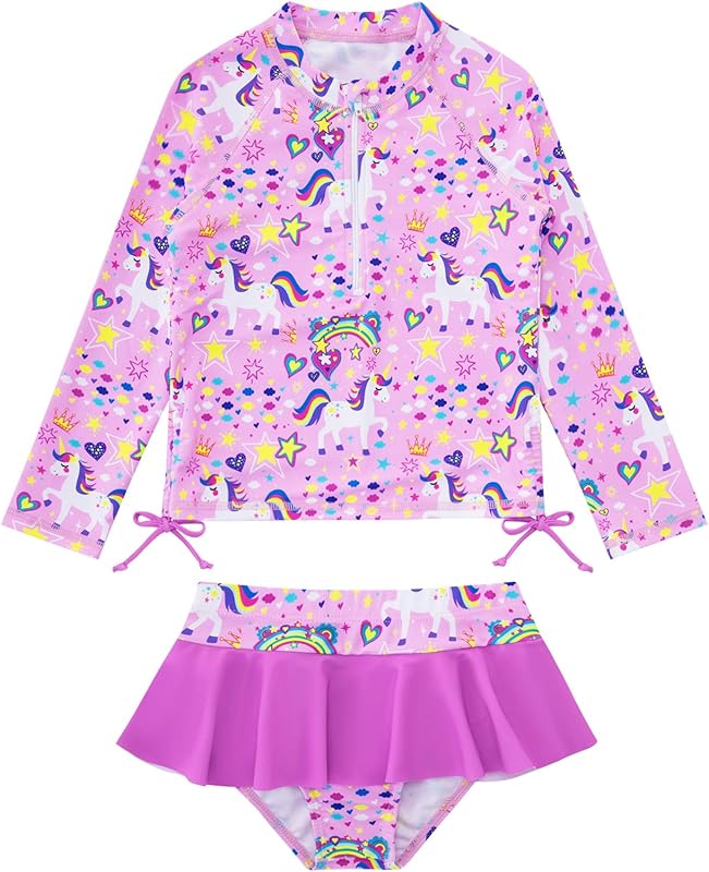Vieille Toddler Girls Swimsuit 2 Piece Rash Guard Sets Long Sleeve Bathing Suit with UPF 50+ Sun Protection 2-6 Years