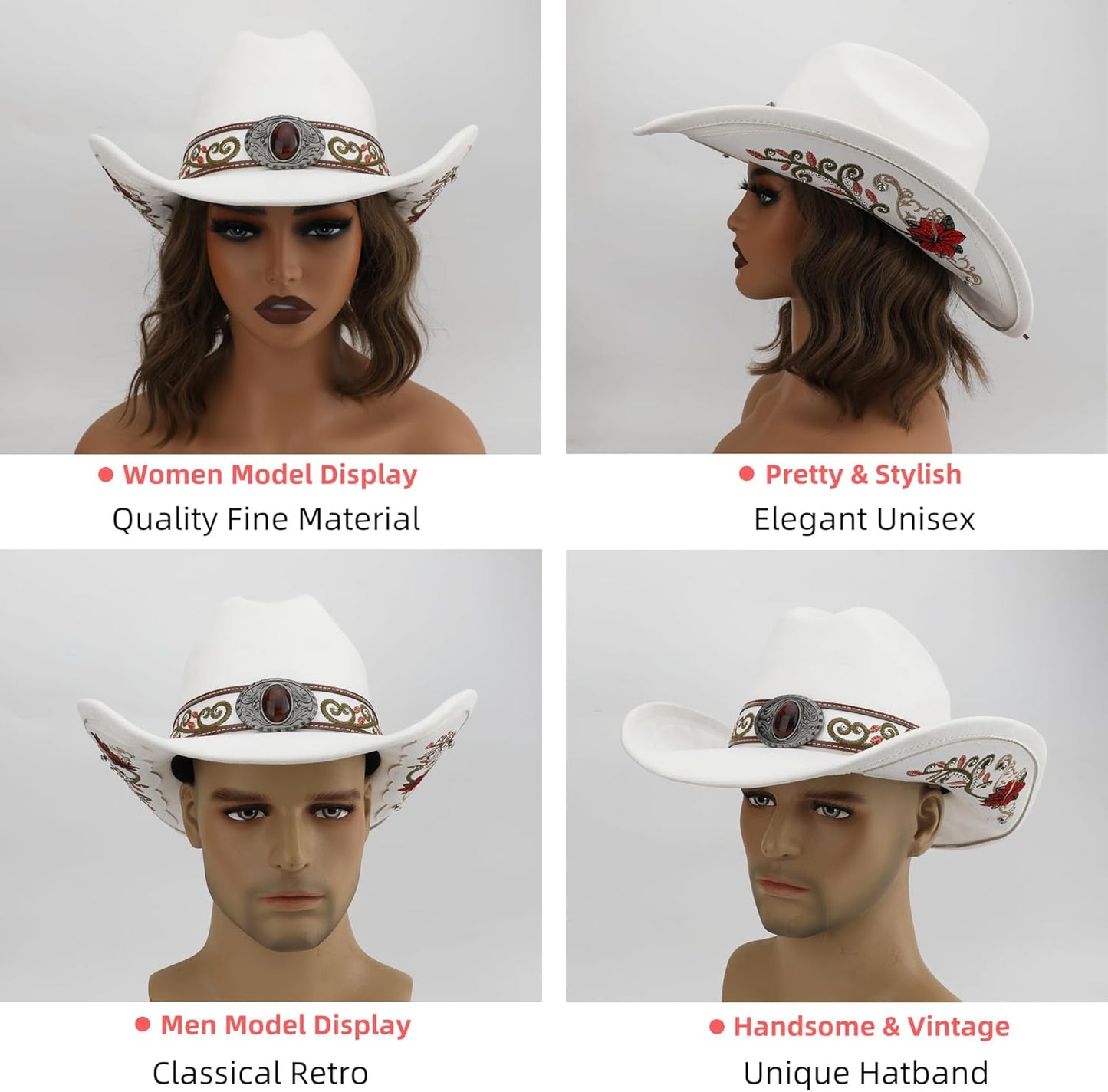 Western Cowboy Hat for Men and Women, Shapeable Big Wide Brim Cowgirl Hat with Embroidery