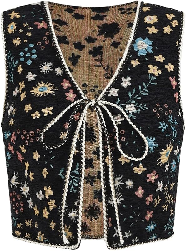 SweatyRocks Women's Floral Print V Neck Vest Tie Front Sleeveless Boho Vests Tops