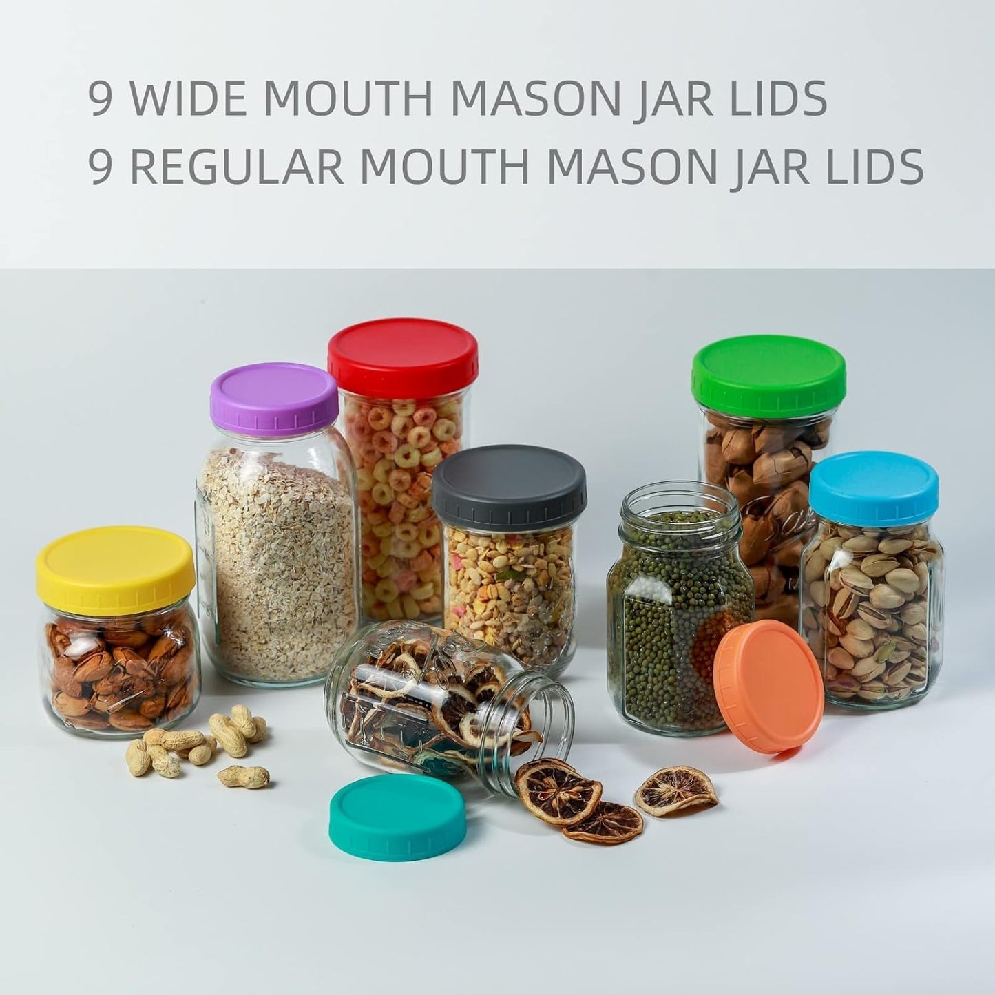 18 Pack 9 Wide Mouth & 9 Regular Mouth Mason Jar Lids with Silicone Rings,Thickened Leak-proof Lids Fit Ball,Kerr and More, 18 Color Plastic Lids, 86mm &70mm Plastic Mason Jar Lids