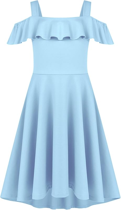 Arshiner Girls Summer Dress Off Shoulder Children's Dress Ruffle Sleeves Elegant Strap Dress Children A Line Swing Dress High Low Dress Casual Dresses with Pocket 4-13Years