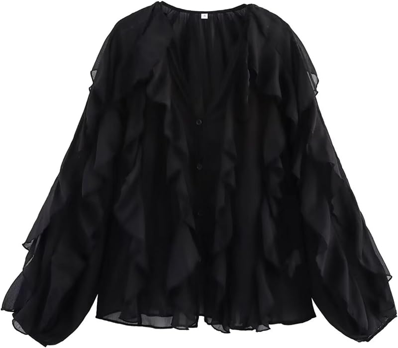 HangNiFang Ruffled Multi-Layered Summer Blouse for Women Trendy Semi See Through V-Neck Long Sleeve Button Chiffon Shirt Tops
