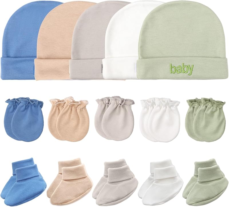 Newborn Baby Hats Mittens and Socks Set Cotton Infant Beanie Cap Socks Mittens for Newborn Baby Boy Girl 0-6 Month