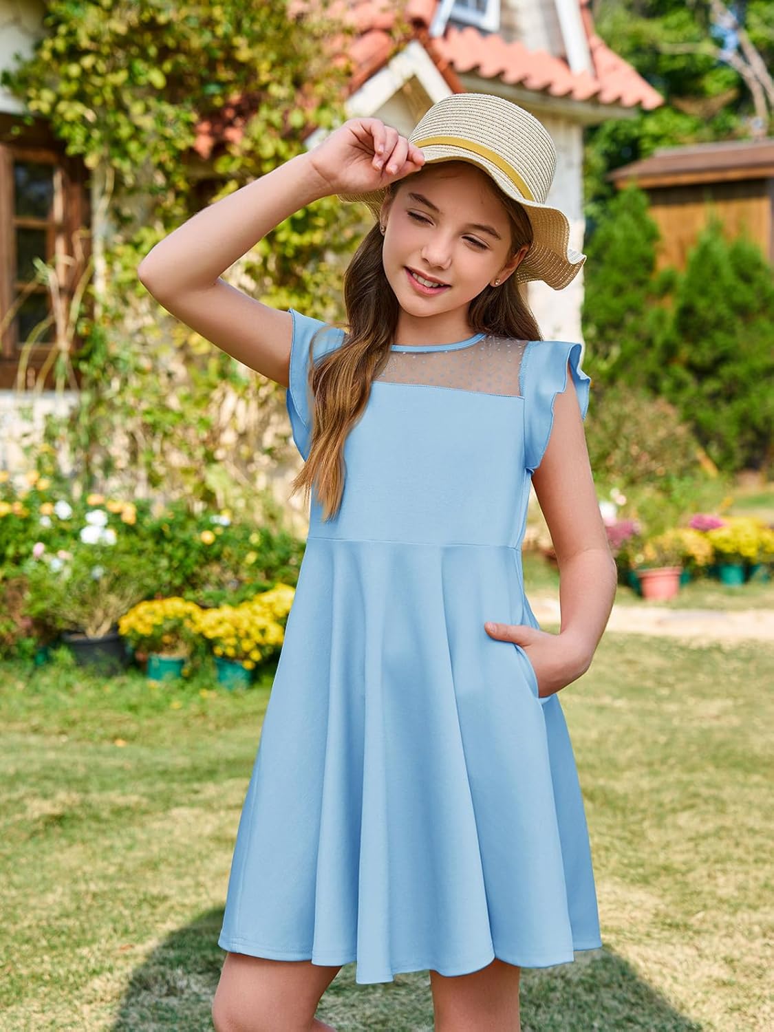Haloumoning Girls Dress Summer Ruffle Sleeve Mesh A Line Casual Party Dresses with Pockets for Kids 4-14 Years