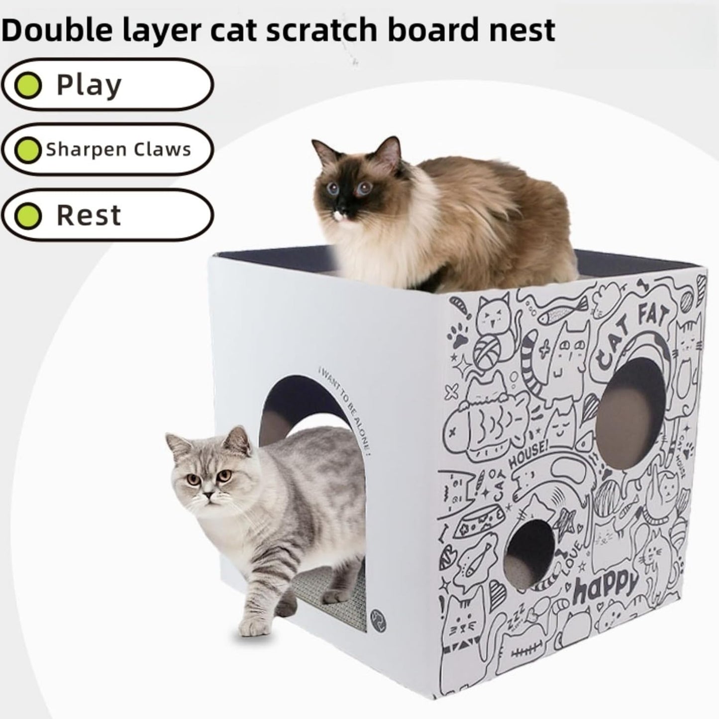 Dual-Level Cat Scratcher & Cozy Cat Cave House - Space-Saving Durable Corrugated Fiberboard for Indoor Cats, Furniture Protector with Adventure-Ready Design Cardboard Cat House