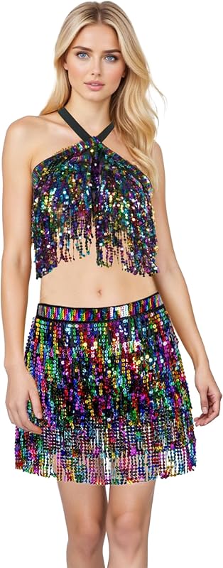 Sequin Skirts for Women (Waist/Bust Under 31.5"), Sparkly Skirts for Girls 2 Piece Set, Tassel Skirt for Kids, 2Pack