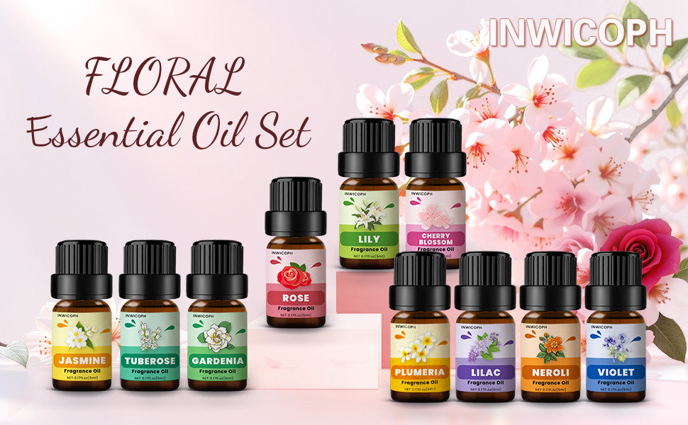 Floral Essential Oils, INWICOPH Flower Fragrance Oil for Candle Making - Rose, Jasmine, Neroli, Gardenia, Lilac, Plumeria and More, Aromatherapy Oils for Diffusers for Home