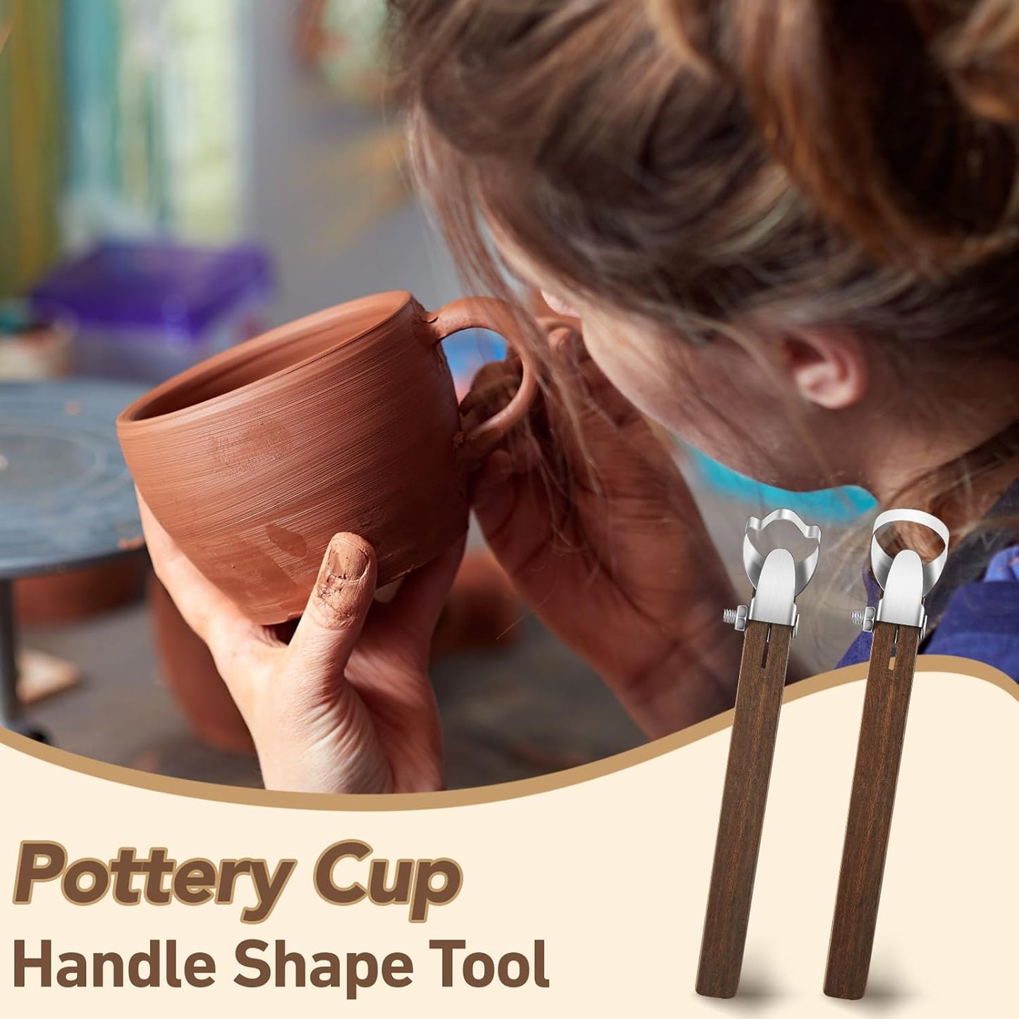 Therwen 2 Pcs Sculpture Scraper Pottery Carving Tool Pottery Cup Handle Shape Clay Extruder Tool Teacup Mug Handgrip Clay Cutters with Wooden Handle for Ceramic Sculpture Craft(Classic Style)